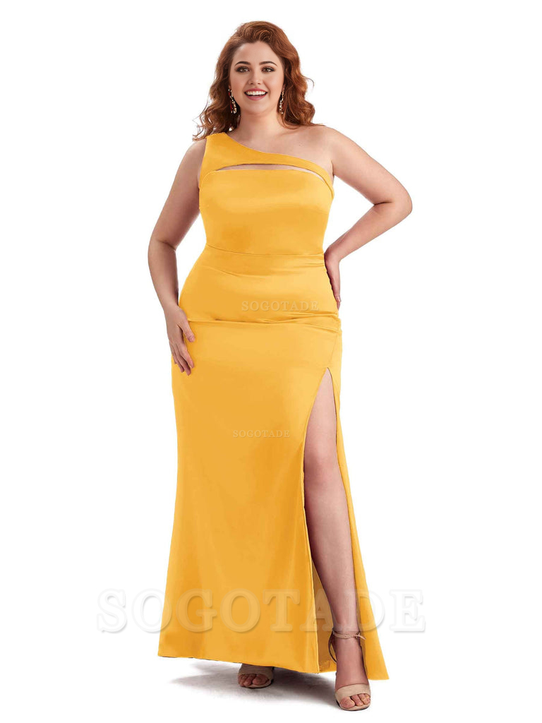 Sexy Mermaid Sleeveless One Shoulder Side Slit Soft Satin Long Plus Size Bridesmaid Dress For Wedding