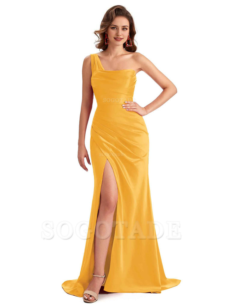 Sexy One Shoulder Side Slit Silky Satin Chic Long Mermaid Trumpet Bridesmaid Dress