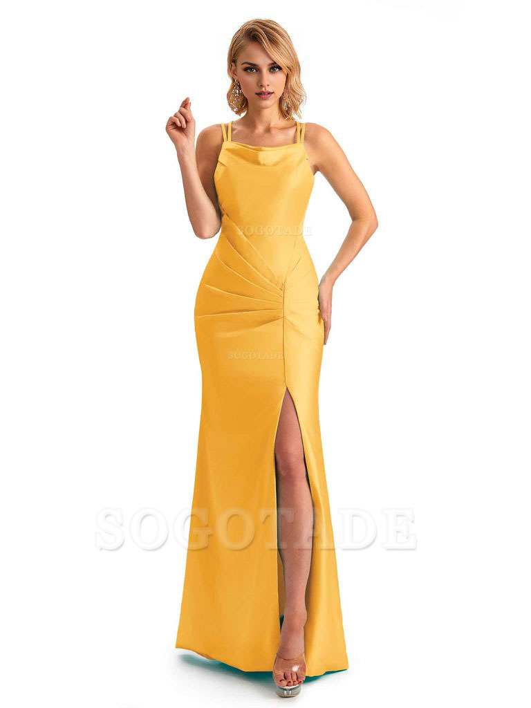 Soft Satin Spaghetti Straps Side Slit Long Unique Mermaid Beautiful Dresses For Wedding