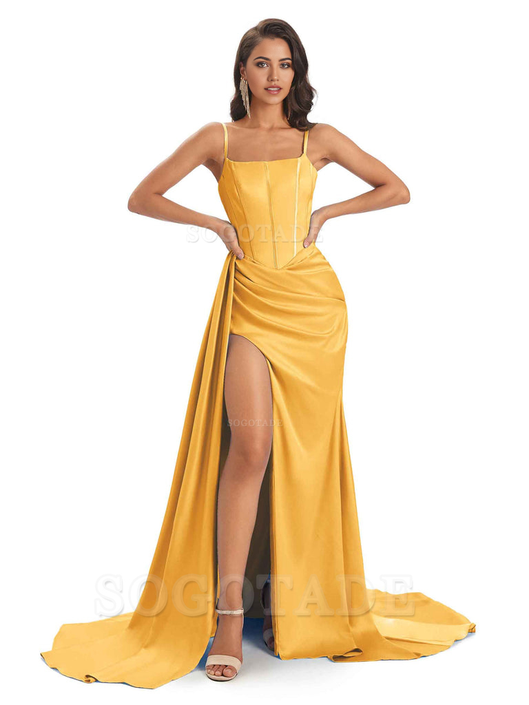 Spaghetti Straps Floor-Length Satin formal dresses evening gown Bridesmaid Dresses With Side Slit 