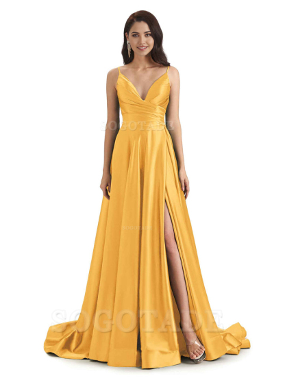 Spaghetti Straps Satin formal dresses evening gown Bridesmaid Dresses With Side Slit 