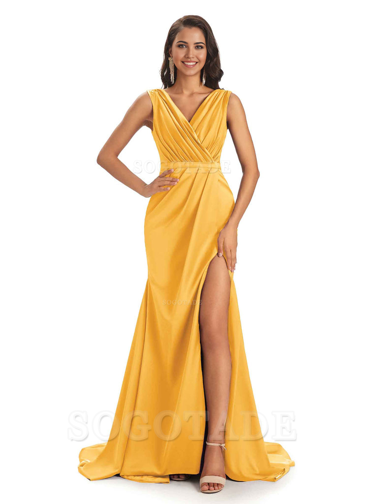A-line V-neck Floor-Length Satin formal dresses evening gown Bridesmaid Dresses With Side Slit 