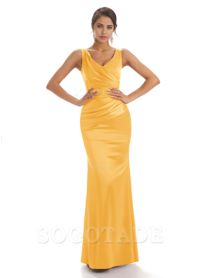 Sheath Sleeveless V-neck Floor-Length Satin formal dresses evening gown Bridesmaid Dresses With Pleats 
