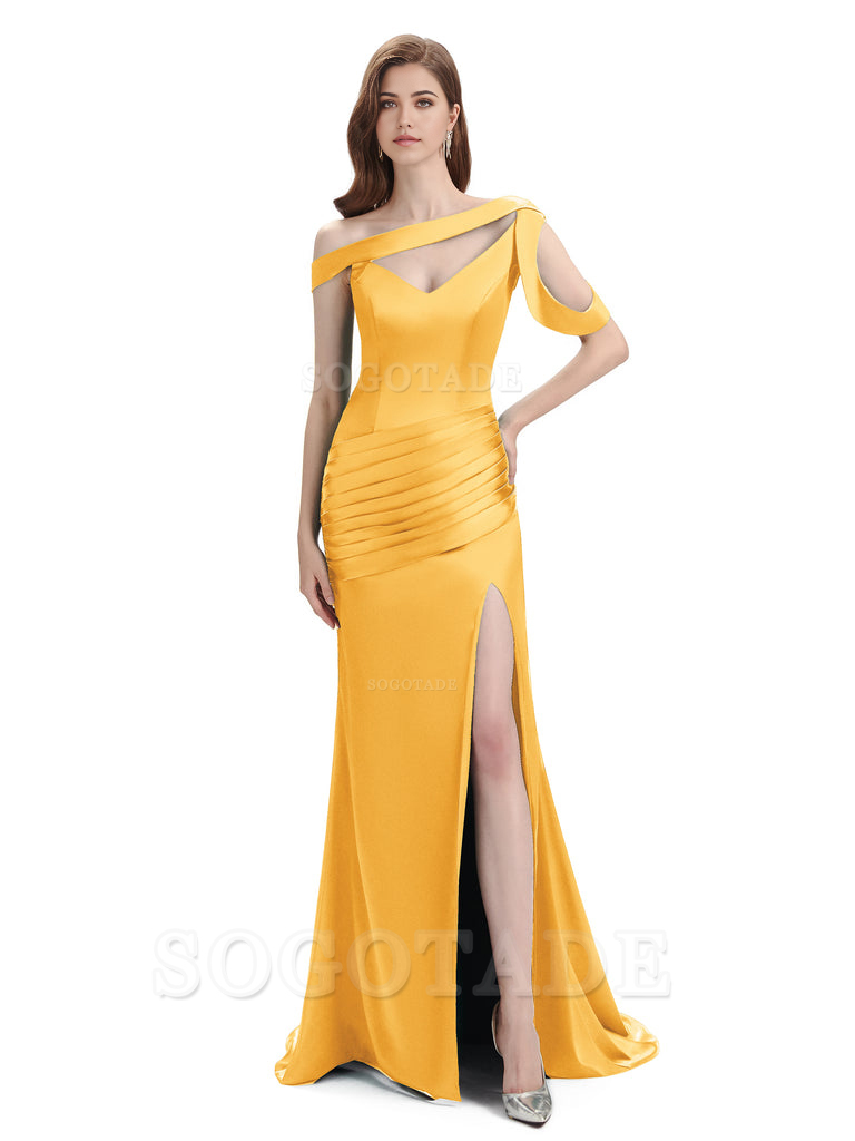 Mermaid V-Neck Satin Floor-Length formal dresses evening gown Bridesmaid Dresses With Side Slit 