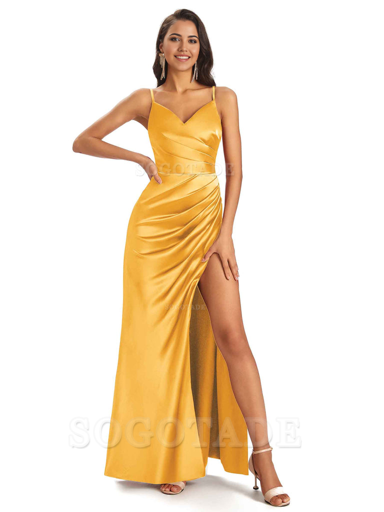 Sheath V-Neck Spaghetti Straps formal dresses evening gown Bridesmaid Dresses With Side Slit 