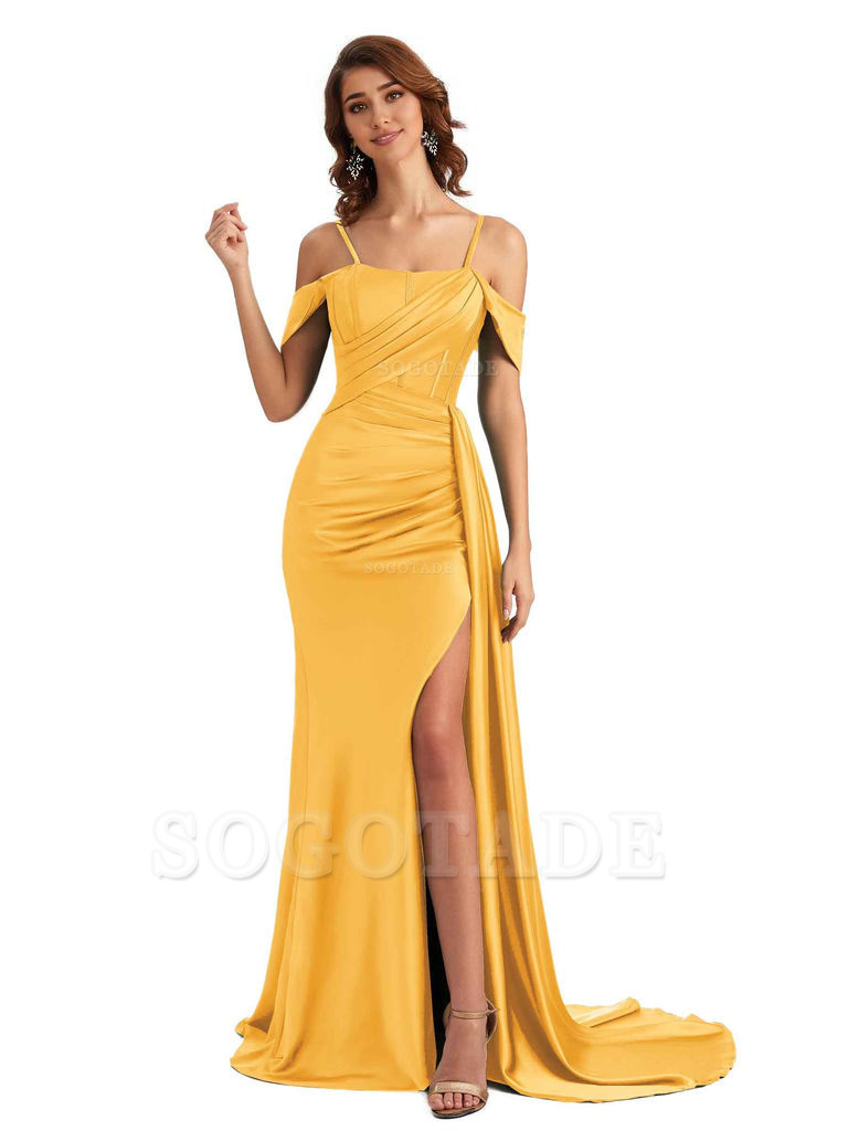 Sexy Side Slit Cold Shoulder Mermaid Satin Chic Long Wedding Guest Dresses