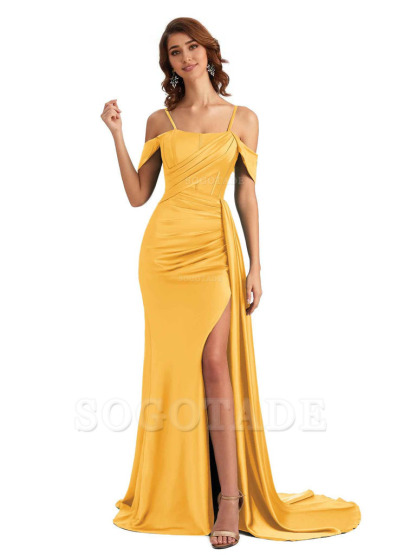 Sexy Side Slit Cold Shoulder Mermaid Satin Chic Long Wedding Guest Dresses