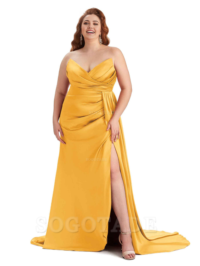 Sexy V-neck Side Slit Sleeveless Mermaid Soft Satin Long Plus Size Bridesmaid Gowns