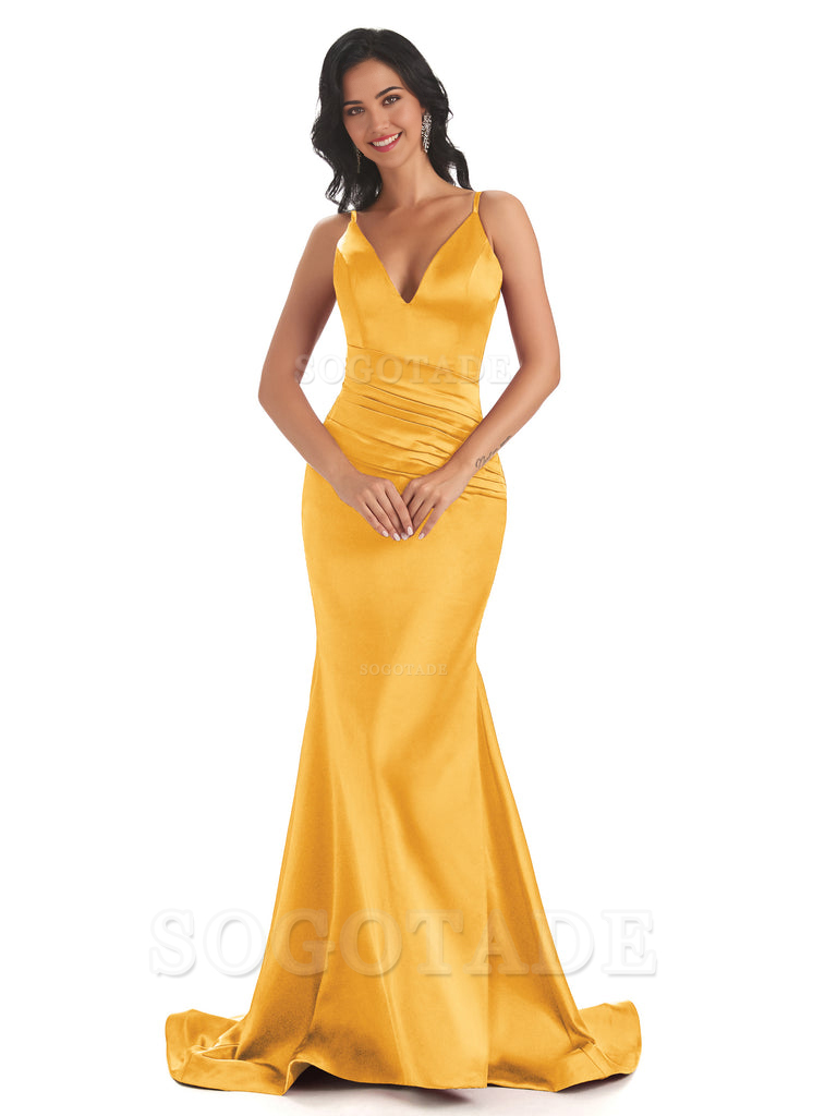 Mermaid Spaghetti V-Neck Straps Satin Long formal dresses evening gown Bridesmaid Dresses With Side Slit 