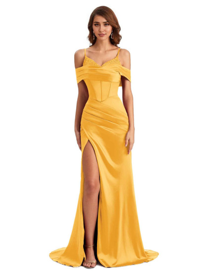 Sexy Side Slit Mermaid Silky Satin V-Neck Cold Shoulder Unique Nice Wedding Guest Dresses