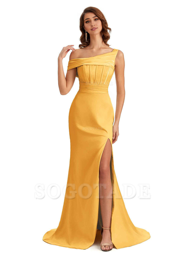 Elegant Asymmetrical Neck Soft Satin Side Slit Long Mermaid Bridesmaid Dresses