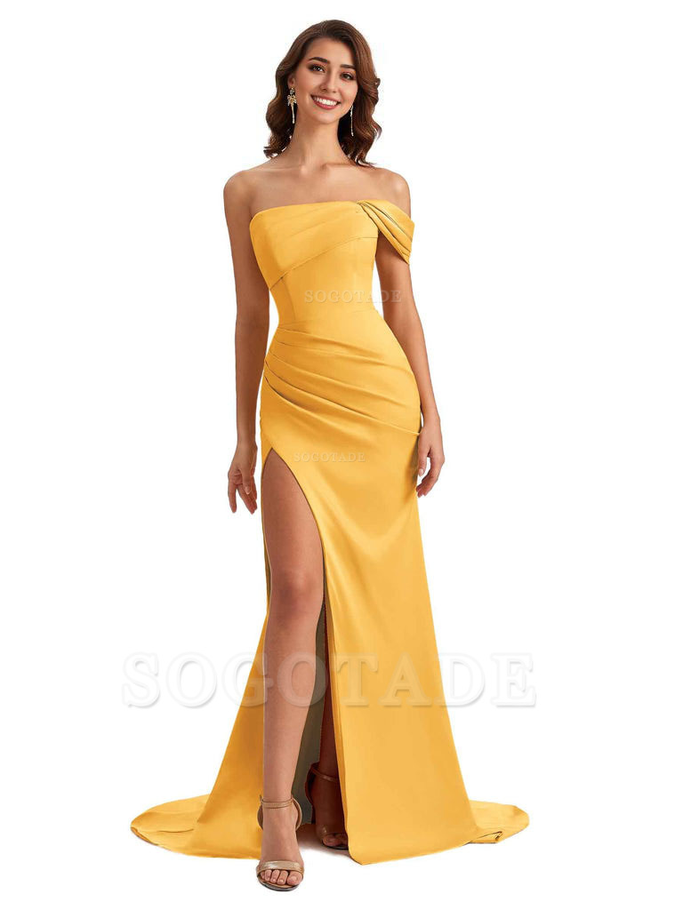 Unique One Shoulder Side Slit Satin Long Formal Dresses For Bridesmaid Dresses