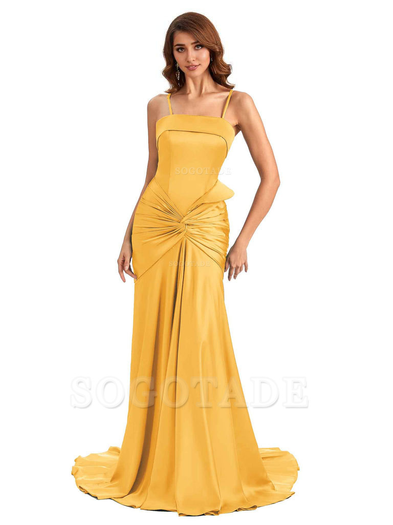 Sexy Mermaid Spaghetti Straps Silky Satin Unique Long Bridesmaid Dress For Wedding
