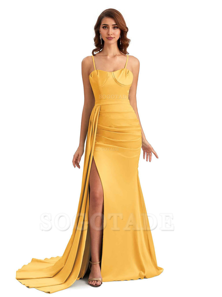 Sexy Spaghetti Straps Side Slit Mermaid Unique Long Bridesmaid Dresses In Satin
