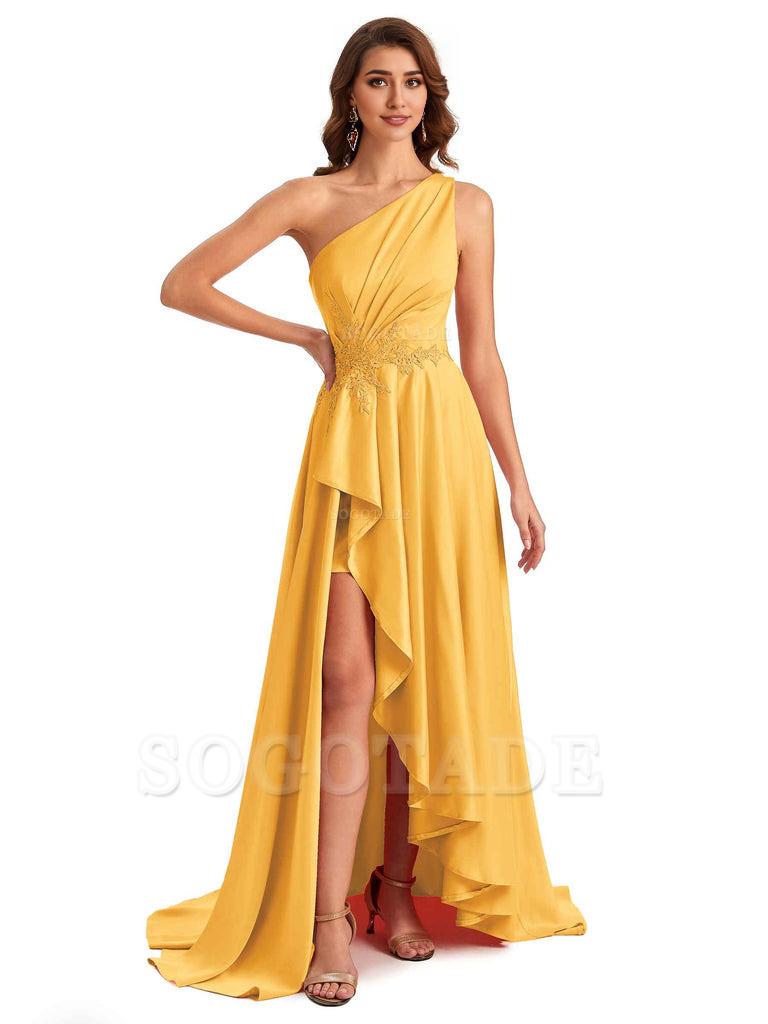 Sexy One Shoulder A-Line High Low Silky Satin Lace Long Formal Wedding Guest Dresses
