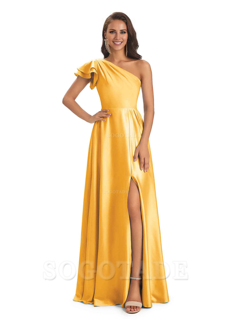 A-Line One Shoulder Ladies Long Bridesmaid Dresses Soft Satin Side Slit Elegant Evening Party Dress