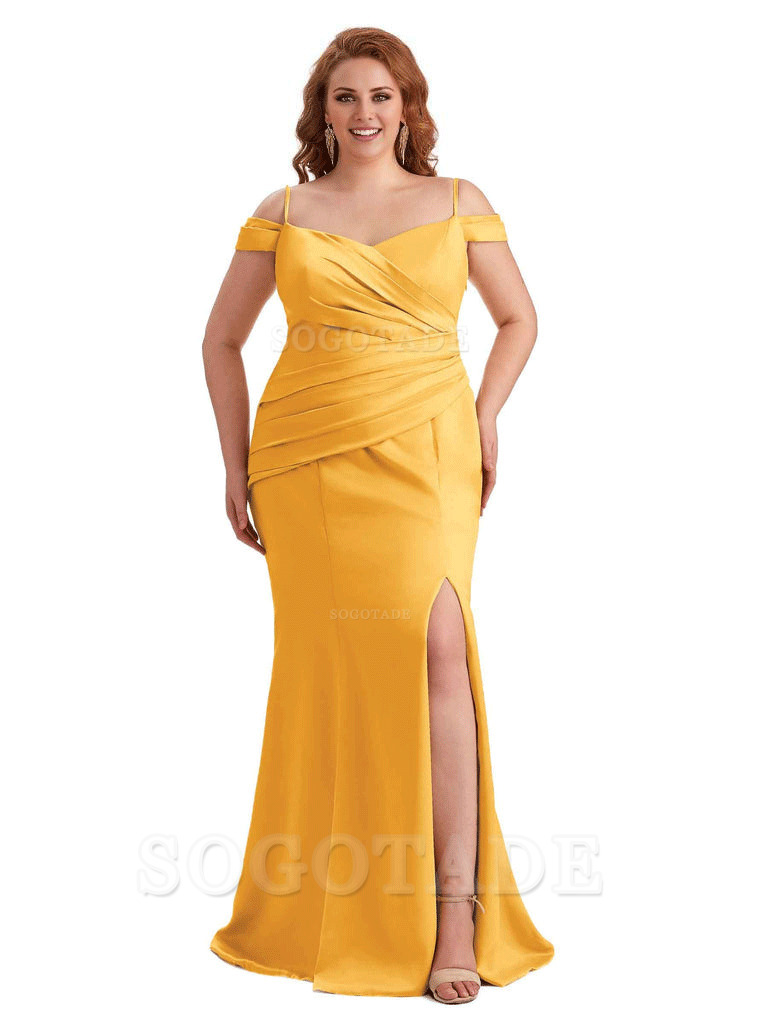 Elegant Cold Shoulder Side Slit Mermaid Soft Satin Long Plus Size Bridesmaid Gowns