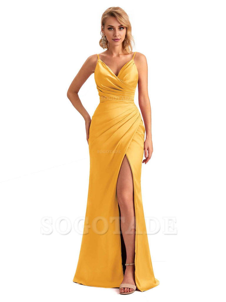 Sexy Side Slit V-Neck Mermaid Silky Satin Unique Long Formal Ladies Bridesmaid Dresses