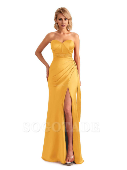 Sexy Side Slit Strapless Mermaid Soft Satin Unique Long Bridesmaid Dress For Wedding