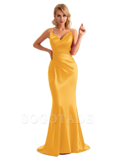  Sexy Backless Mermaid Spaghetti Straps Unique Long Formal Satin Dress For Women