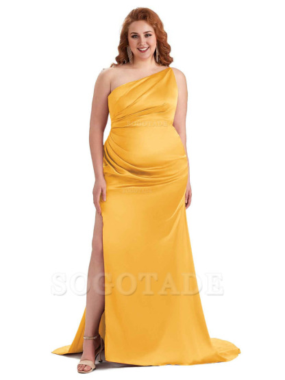 Sexy One Shoulder Side Slit Mermaid Soft Satin Long Plus Size Bridesmaid Dress For Wedding