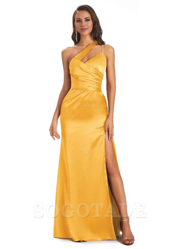 Elegant Soft Satin Side Slit One Shoulder Floor-Length Maxi Bridesmaid Dresses Evening Party Dress