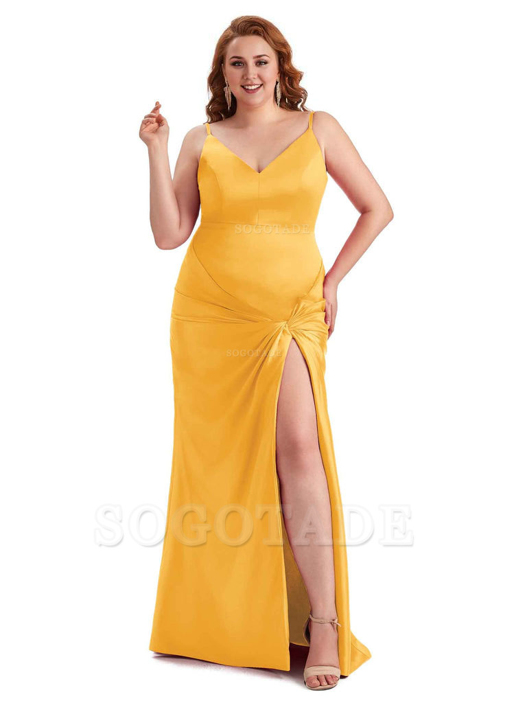 Sexy Spaghetti Straps V-neck Side Slit Mermaid Soft Satin Long Plus Size Bridesmaid Dress