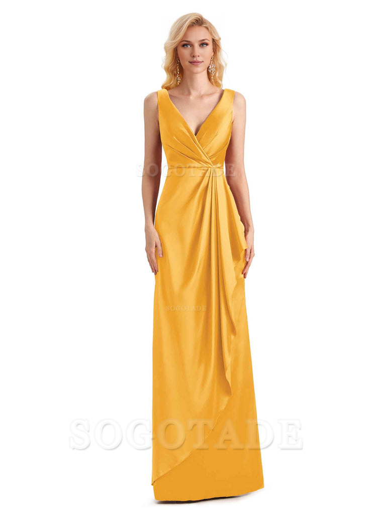 V Neck Elegant Soft Satin Formal Long Maid Bridesmaid Dresses Formal Wear Dresses