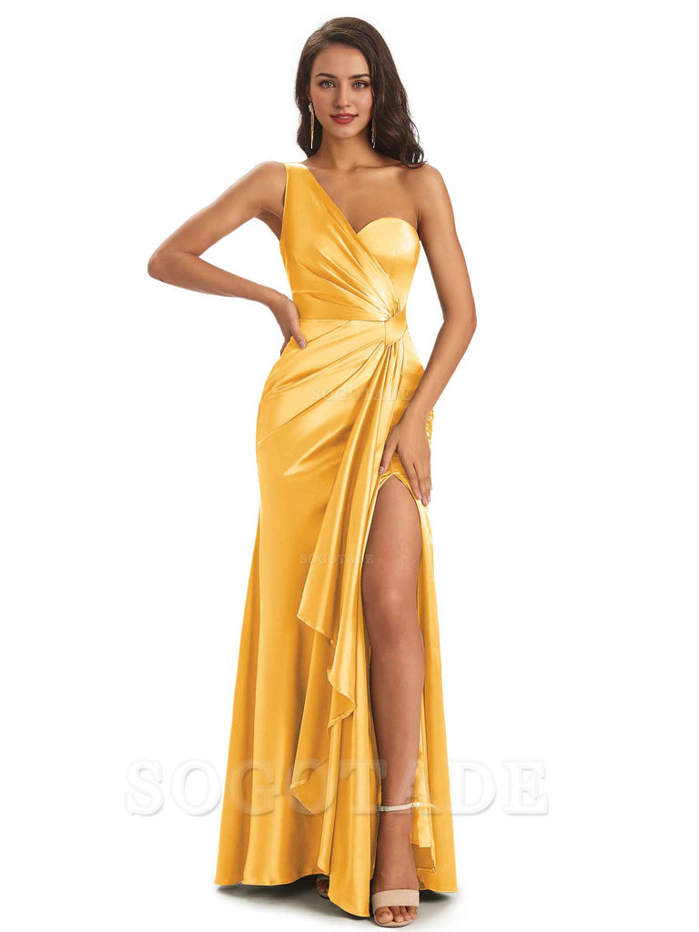 Elegant Soft Satin Side Slit One Shoulder Unique Mermaid Bridesmaid Dresses Online prom dresses shops