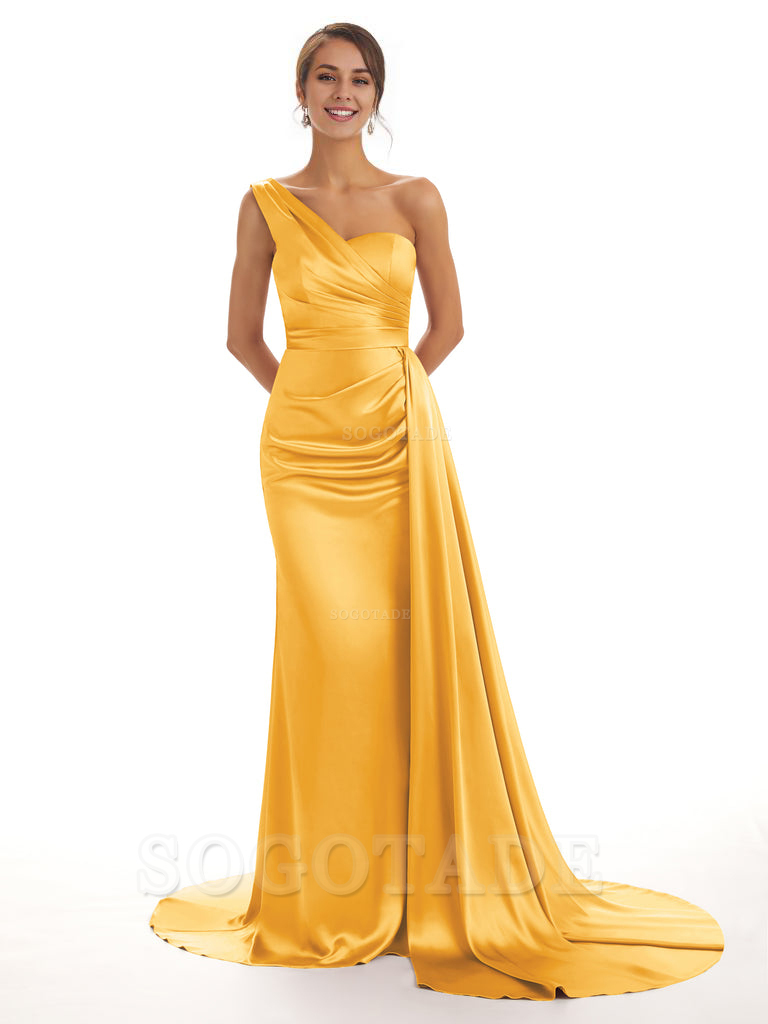 Elegant One Shoulder Soft Satin Unique Mermaid Long Bridesmaid Dresses Online prom dresses shops