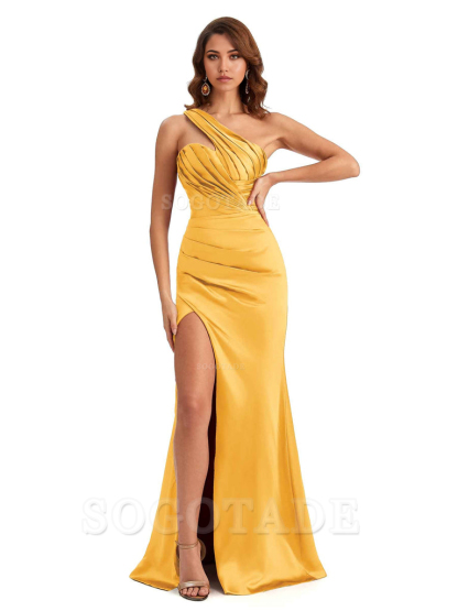 Sheath One shoulder Satin formal dresses evening gown Bridesmaid Dresses With Side Slit 