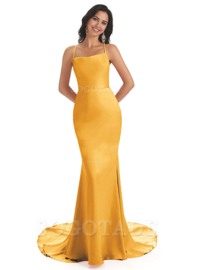Mermaid Spaghetti Backless Straps Satin Long formal dresses evening gown Bridesmaid Dresses