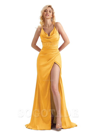 Sheath Cowl Neck Satin formal dresses evening gown Bridesmaid Dresses With Side Slit 