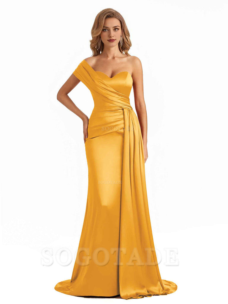 Elegant One Shoulder Soft Satin Long Mermaid Bridesmaid Dresses Online prom shop dresses ﻿