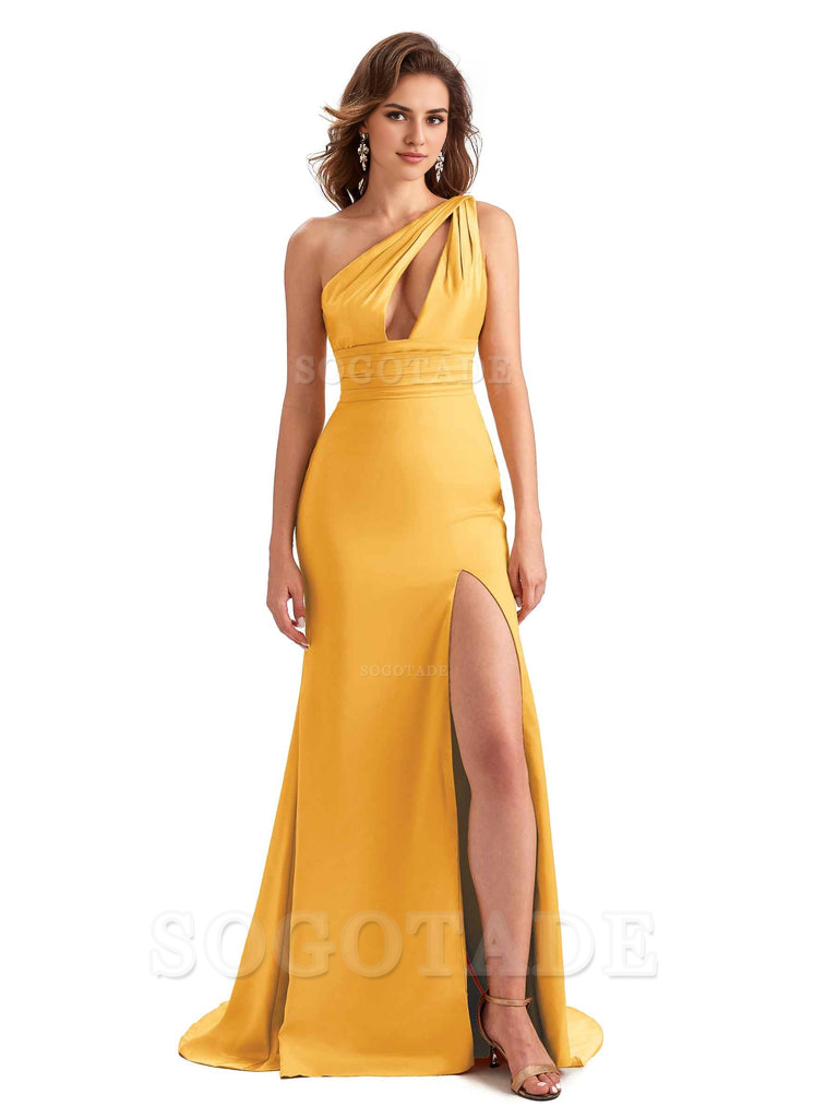 Charming Sexy Unique Side Slit Mermaid Silky One Shoulder Long Bridesmaid Dresses Formal Women's Dresses Wedding Guests Dresses