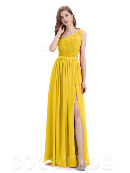 A-Line One Shoulder Top Lace Floor-Length Elegant Adoration Bridesmaid Dresses Formal Women's Dresses Wedding Guests Dresses