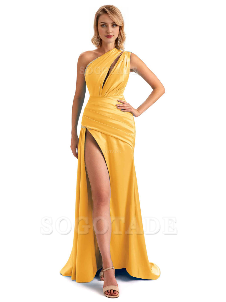 Elegant One Shoulder Side Hight Slit Mermaid Soft Satin Long Floor Length Bridesmaid Dress For Wedding