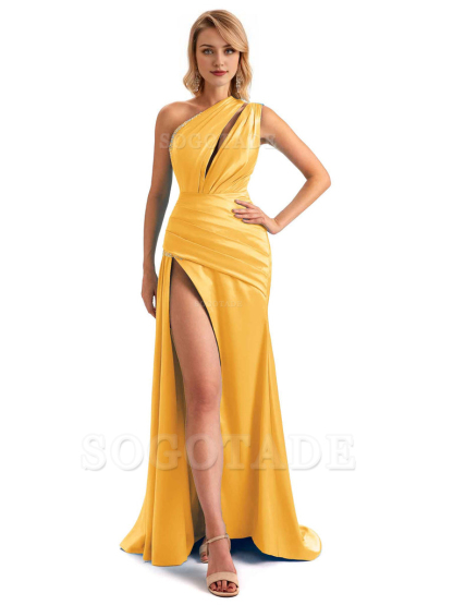 Elegant One Shoulder Side Hight Slit Mermaid Soft Satin Long Floor Length Bridesmaid Dress For Wedding