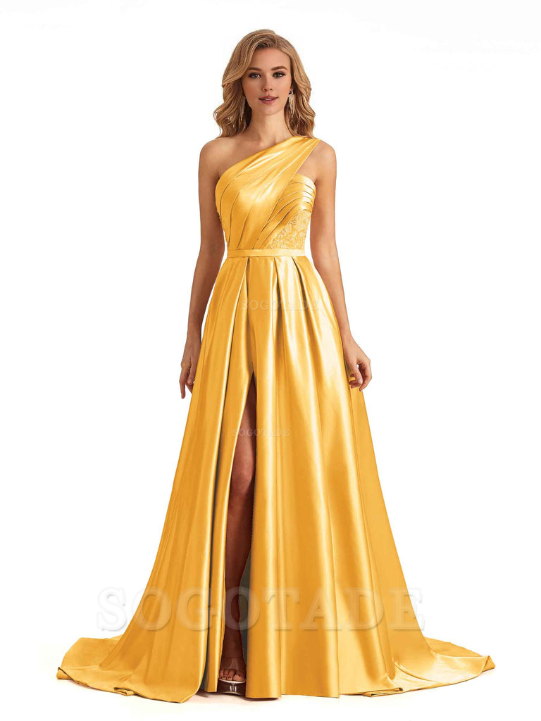 Sexy Side Slit One Shoulder A-Line Soft Satin Long Bridesmaid Dresses Online prom dress in store