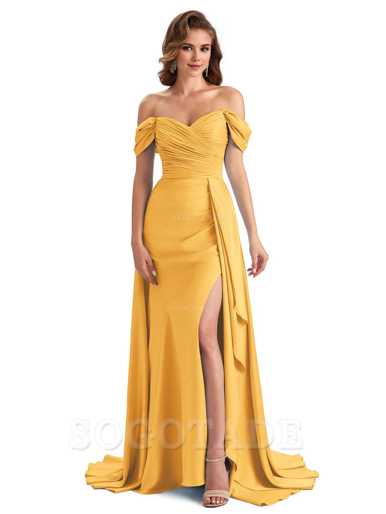 Sexy Side Slit Mermaid Soft Satin Off The Shoulder Long Unique Bridesmaid Dresses prom dress in store