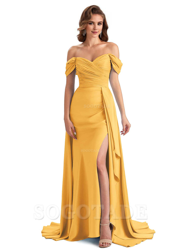 Sexy Side Slit Mermaid Soft Satin Off The Shoulder Long Unique Bridesmaid Dresses prom dress in store