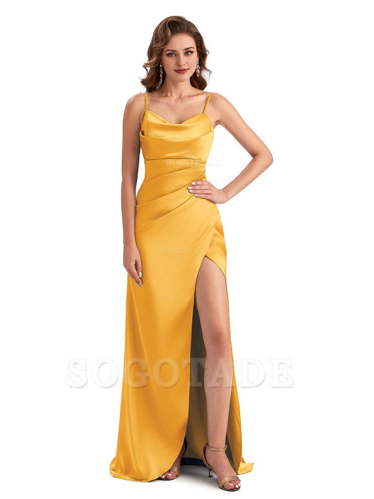 Soft Satin Side Slit Spaghetti Straps Sexy Wedding Bridesmaid Dresses