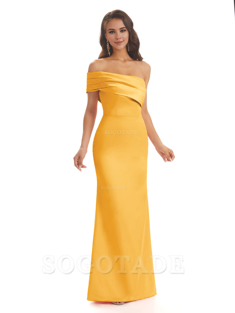Soft Satin Sexy Side Slit One Shoulder Long Mermaid Bridesmaid Dresses Online prom dress in store