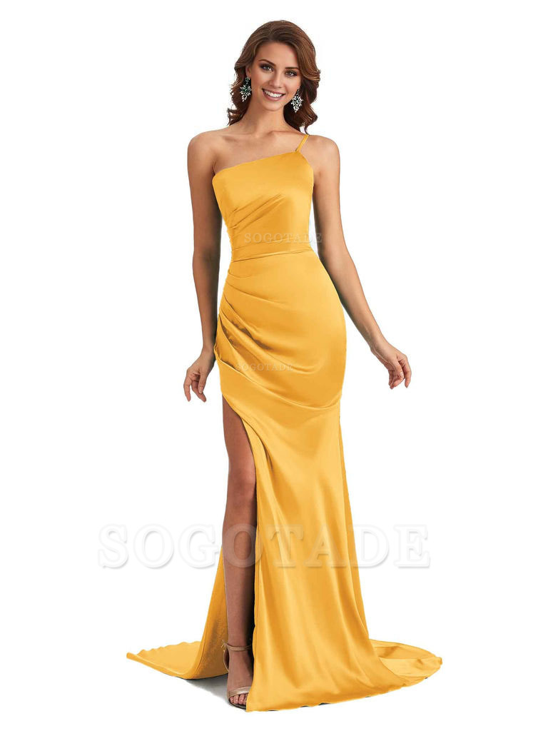 Sexy Silky Satin Side Slit One Shoulder Unique Long Wedding Guest Maxi Dresses
