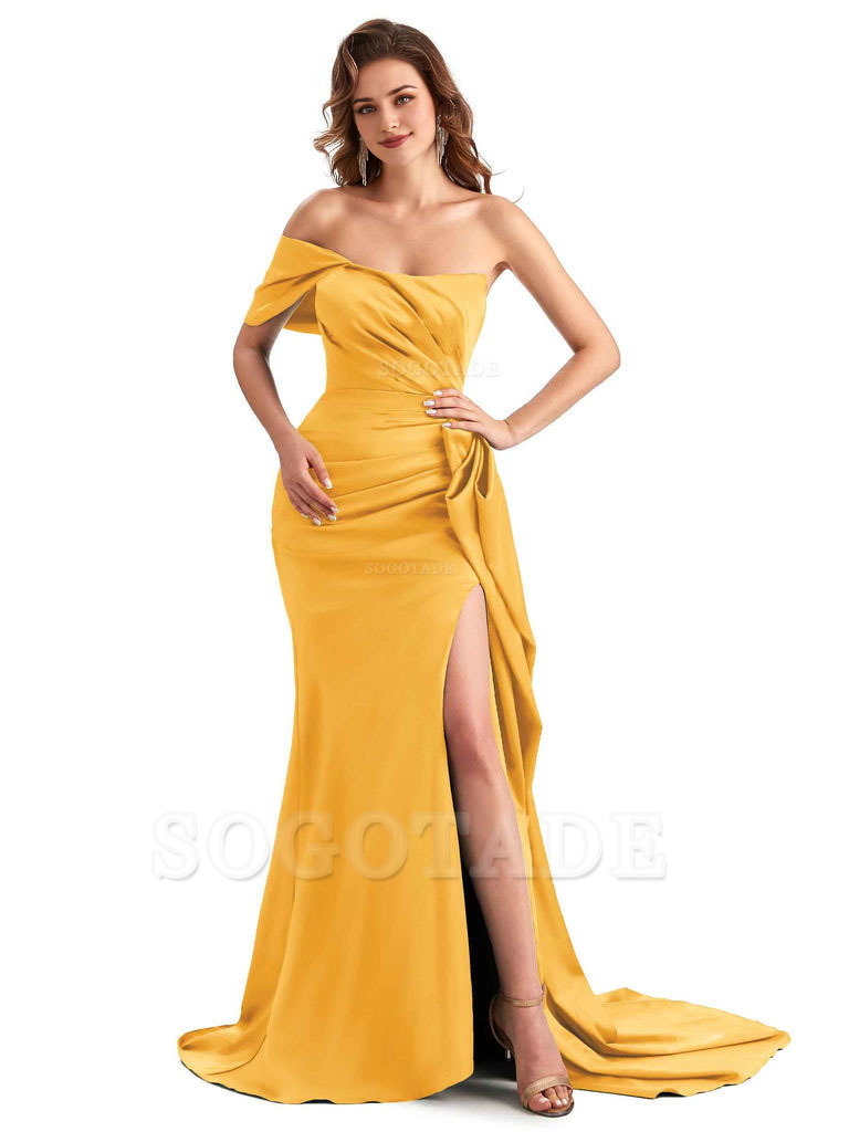 Sexy Side Slit Mermaid Silky Satin One Shoulder Chic Long Maid Of Honor Dresses