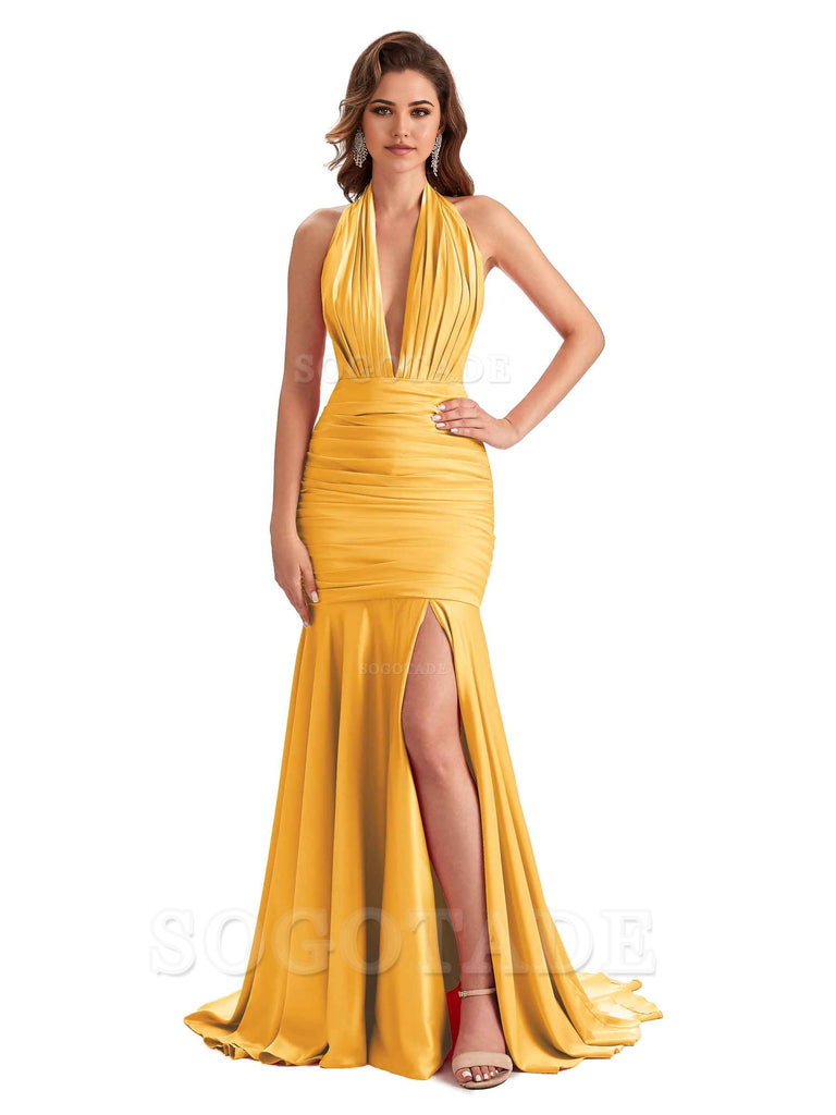 Mermaid Halter V-neck Satin formal dresses evening gown Bridesmaid Dresses With Side Slit 