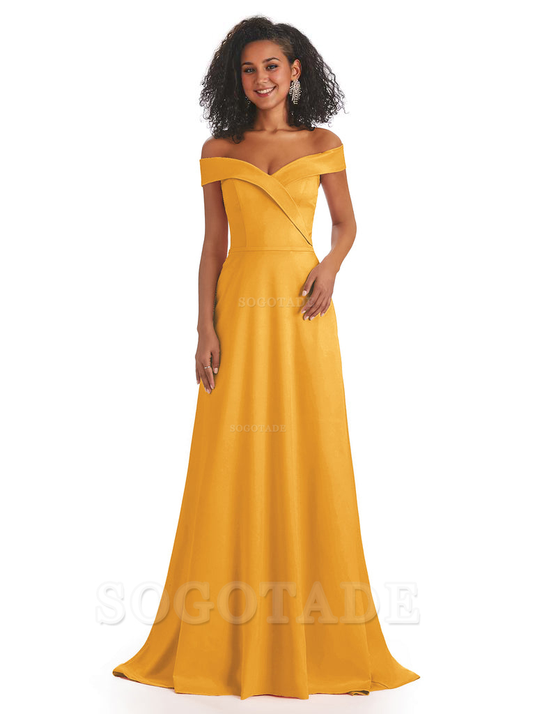 Soft Satin Off The Shoulder Long A-Line African Bridesmaid Dresses prom dress stores ﻿