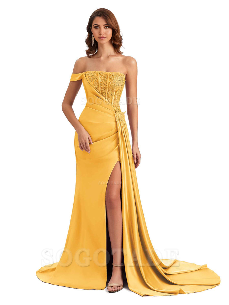 Mermaid Off Shoulder Applique formal dresses evening gown Bridesmaid Dresses With Side Slit 