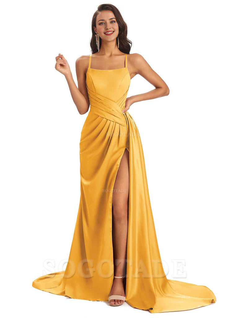 Sexy Soft Satin Side Slit Spaghetti Straps Long Maxi Bridesmaid Dresses prom shop dresses