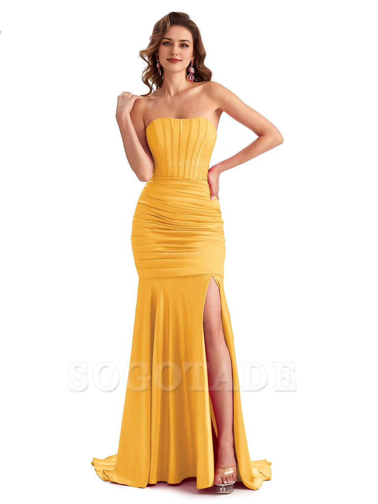 Sexy Strapless Side Slit Mermaid Silky Satin Formal Bridesmaid Dresses